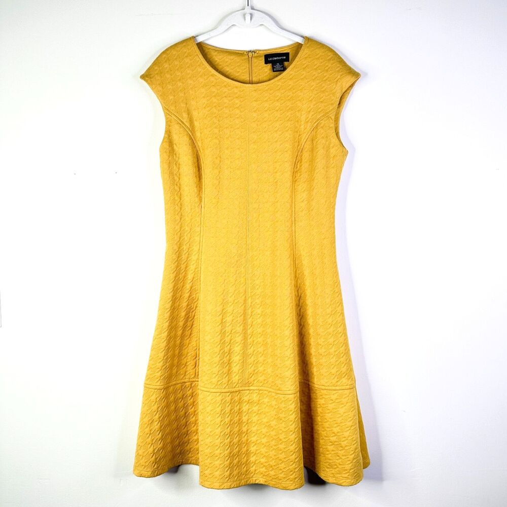 Liz Claiborne Dress Women 10 Gold Sheath Cap Slv Midi Textured Retro Preppy